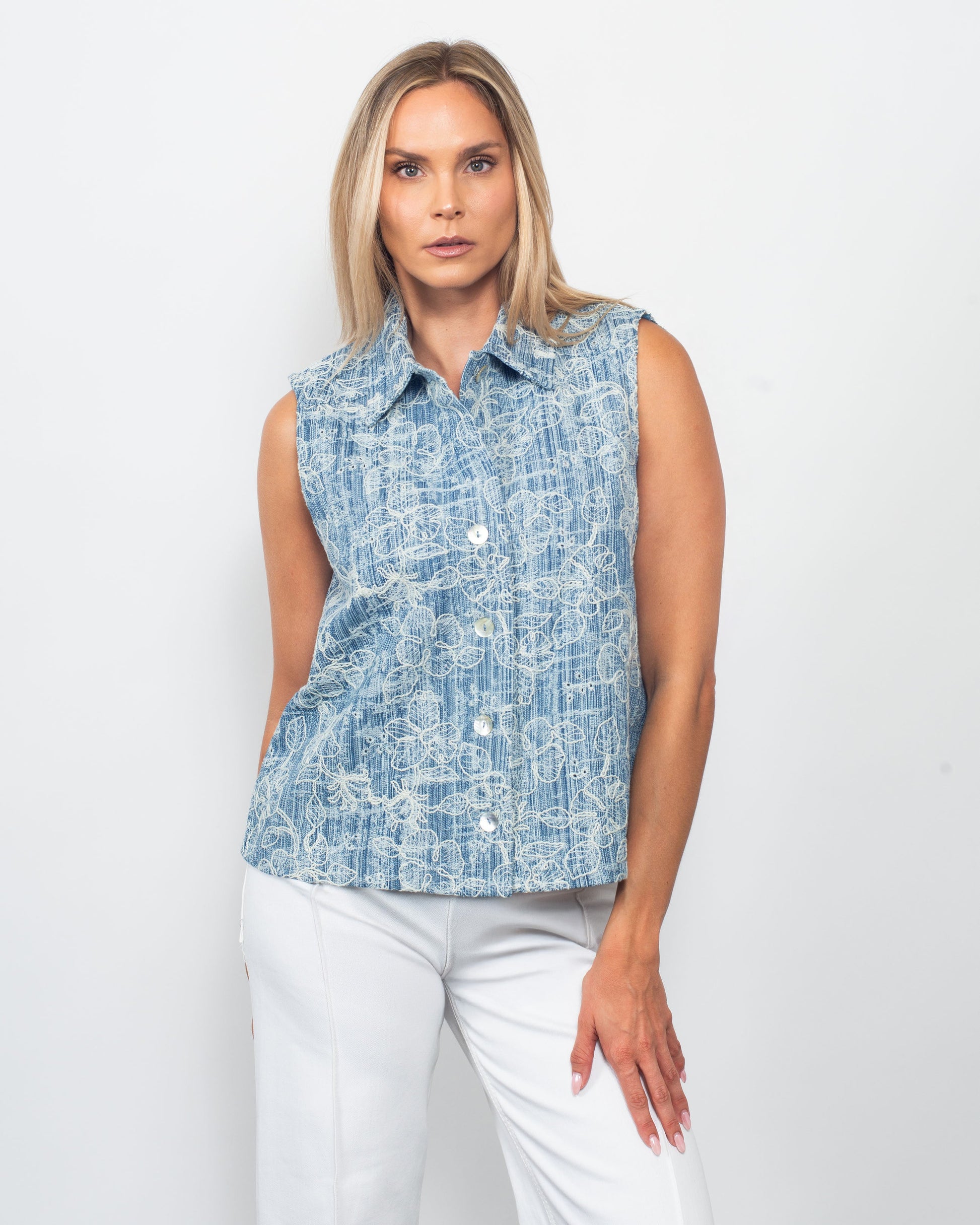 Embroidered Denim Vest in Embroidered Denim - Embroidered Denim Vest Women (bottom)
