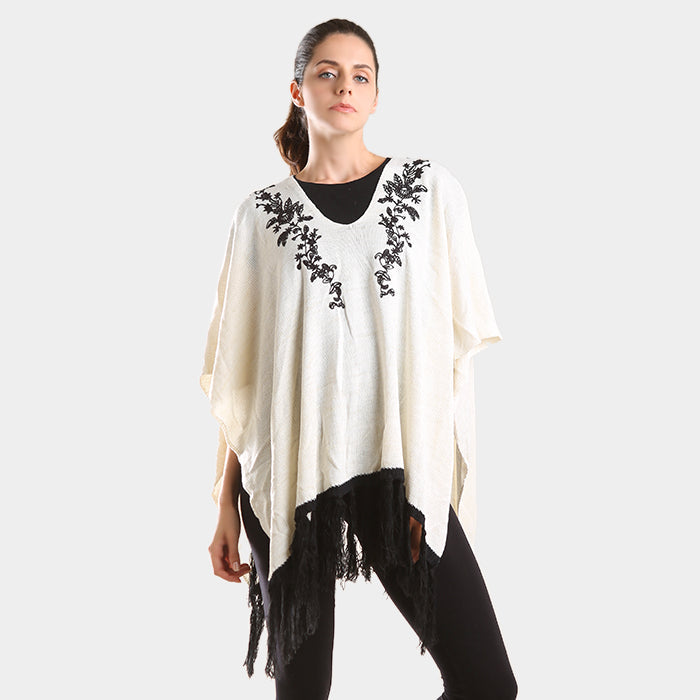 Embroidered Flower Vine & Tassel Poncho Sweater in Black view 3 - Embroidered Flower Sweater Women (top)