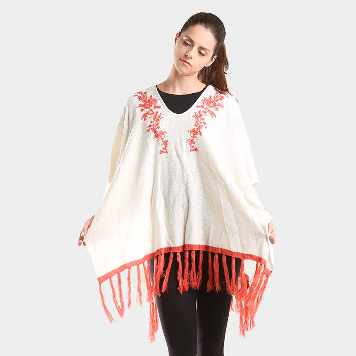 Embroidered Flower Vine & Tassel Poncho Sweater in Coral view 4 - Embroidered Flower Sweater Women (top)