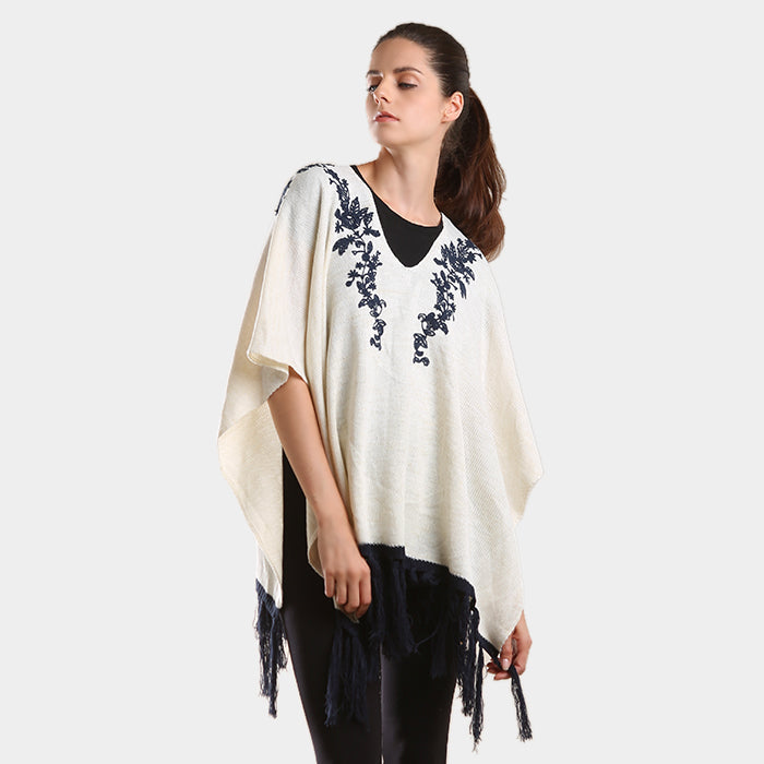 Embroidered Flower Vine & Tassel Poncho Sweater in Navy view 2 - Embroidered Flower Sweater Women (top)