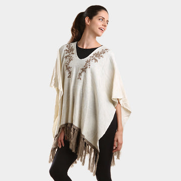 Embroidered Flower Vine & Tassel Poncho Sweater in Taupe - Embroidered Flower Sweater Women (top)