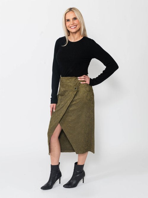 Embroidered Suede Wrap Skirt in Olive view 2 - Embroidered Suede Mini Skirt