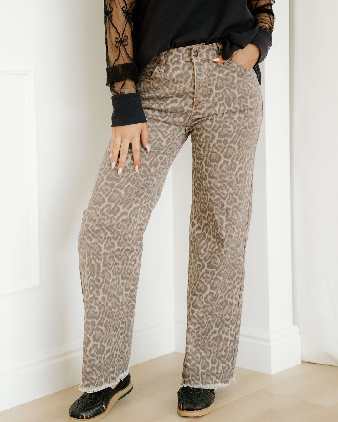 Emiliana Leopard Frayed Edge Wide Leg High Waist Jeans Brown (bottom) - emilia jeans, emilia denim sher - shop at us.meeeshop