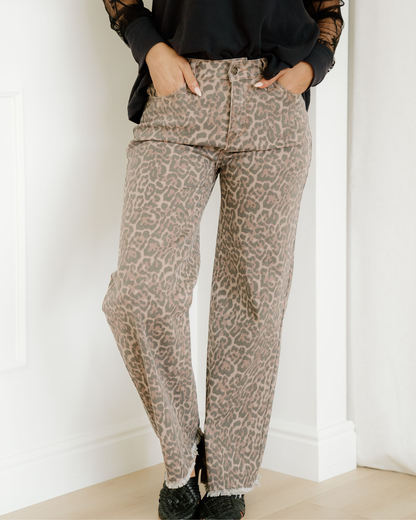 Emiliana Leopard Frayed Edge Wide Leg High Waist Jeans Brown view 2 (bottom) - emilia jeans, emilia den - shop at us.meeeshop