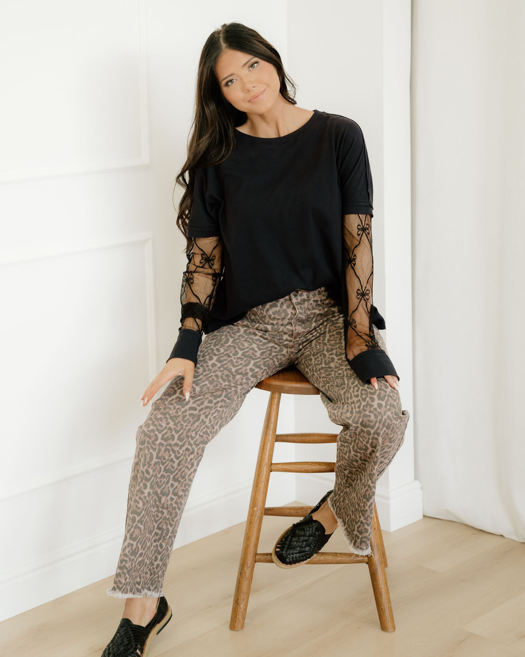 Emiliana Leopard Frayed Edge Wide Leg High Waist Jeans Brown view 3 (bottom) - emilia jeans, emilia den - shop at us.meeeshop