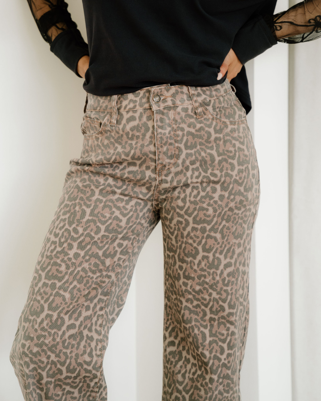 Emiliana Leopard Frayed Edge Wide Leg High Waist Jeans Brown view 4 (bottom) - emilia jeans, emilia den - shop at us.meeeshop