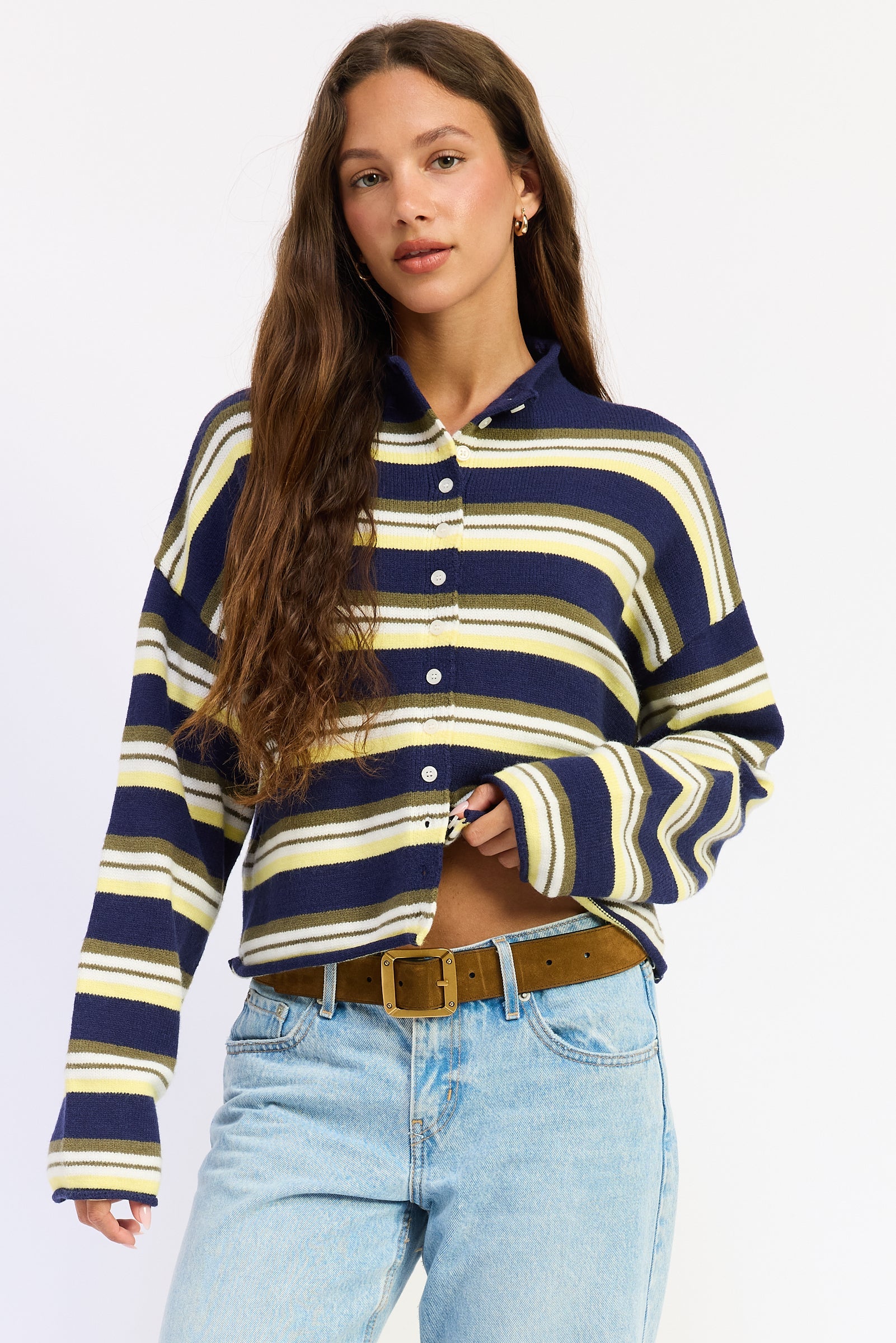 Emory Park Althea Cardigan Top in Navy Multi  Stripe - Joanie Althea Cardigan