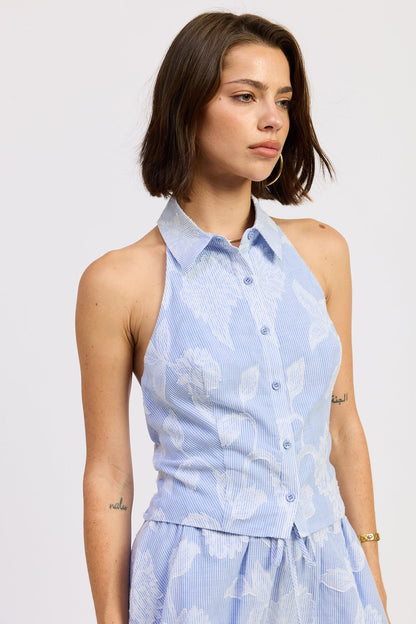 Emory Park Anastasia Top in Blue Stripe Jacquard view 2 - Anastasia Topaz