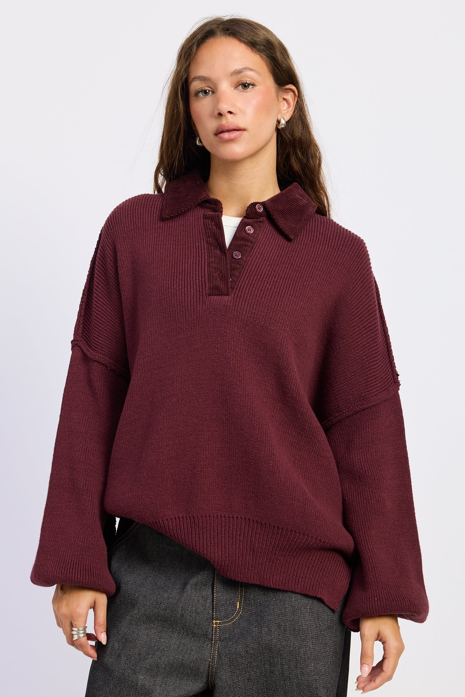 Emory Park Arantxa Sweater in Burgundy - Aran Sweater Coats (top)