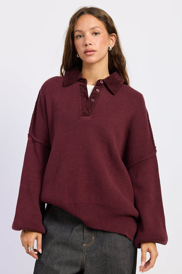 Emory Park Arantxa Sweater in Burgundy - Aran Sweater Coats (top)