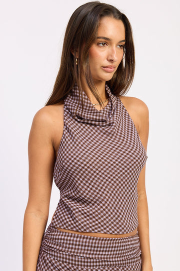 Emory Park Aven Halter Top in Lavender Brown Gingham view 2 - Djerf Avenue Halter Top