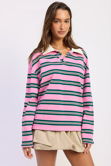 Emory Park Aviva Oversized Tee in Pink Green Stripe view 2 - Relaxed Fit (top)