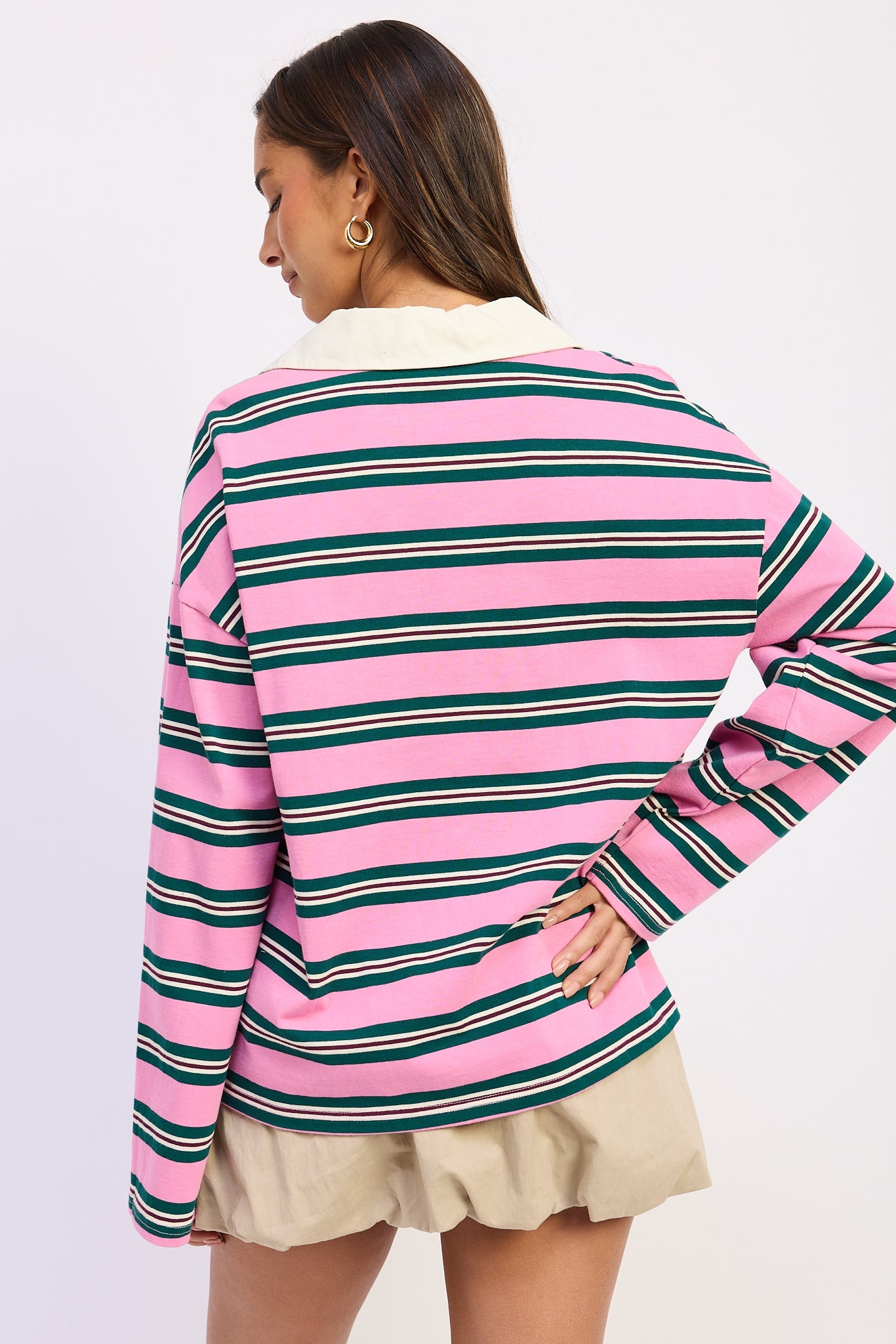 Emory Park Aviva Oversized Tee in Pink Green Stripe view 3 - Relaxed Fit (top)
