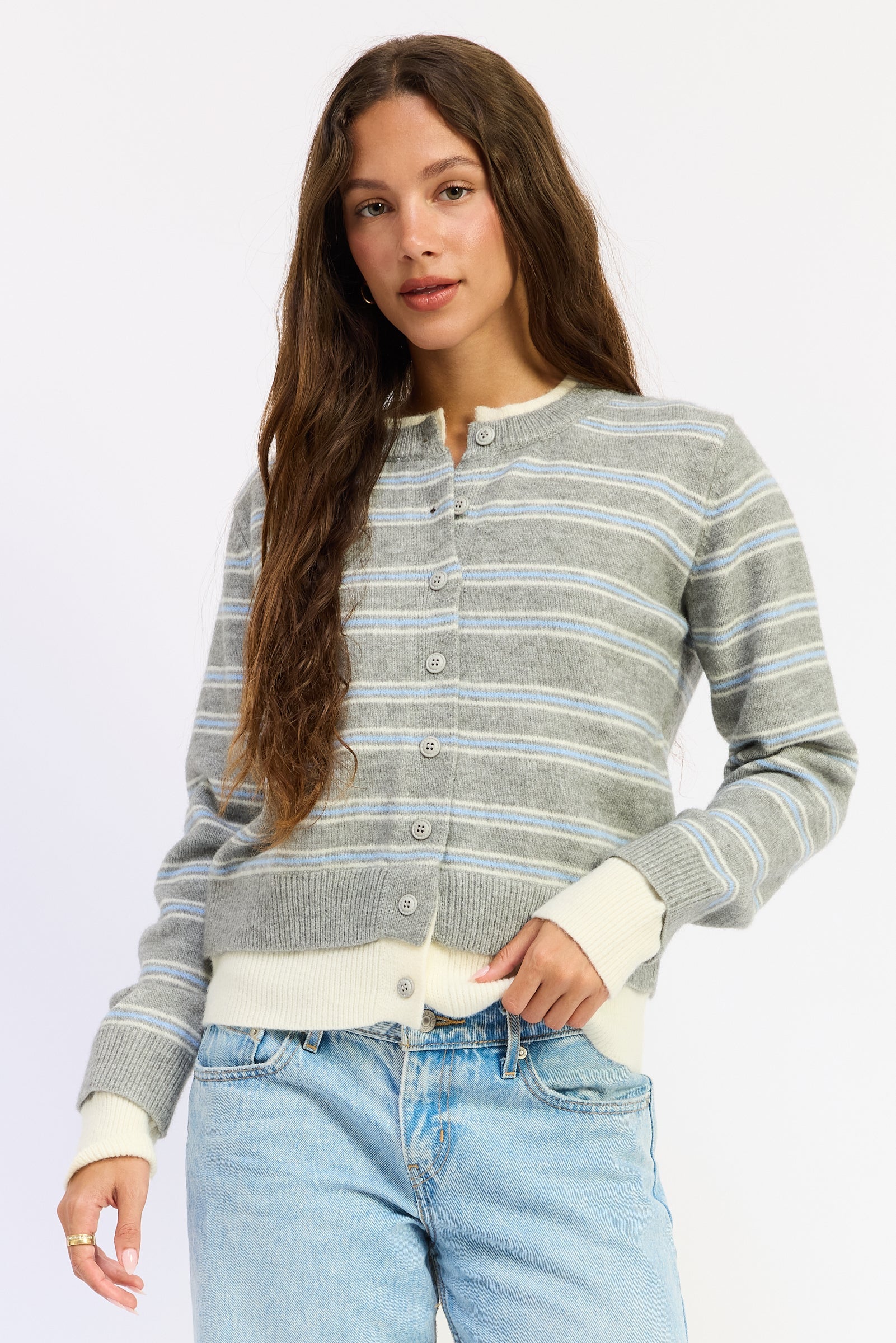 Emory Park Briseis Cardigan Top in Olive Stripe - Brimse Cardigan