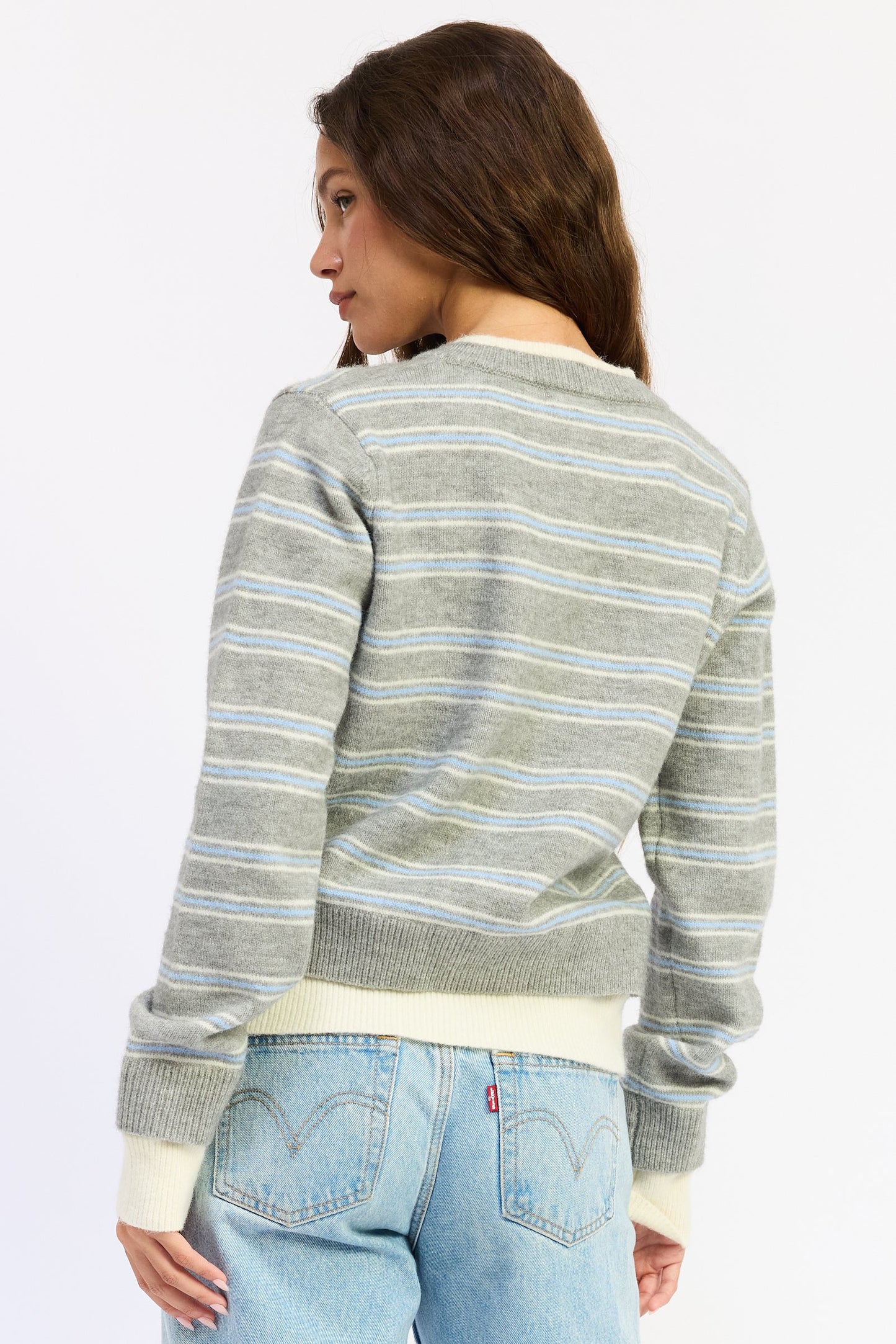 Emory Park Briseis Cardigan Top in Olive Stripe view 3 - Brimse Cardigan