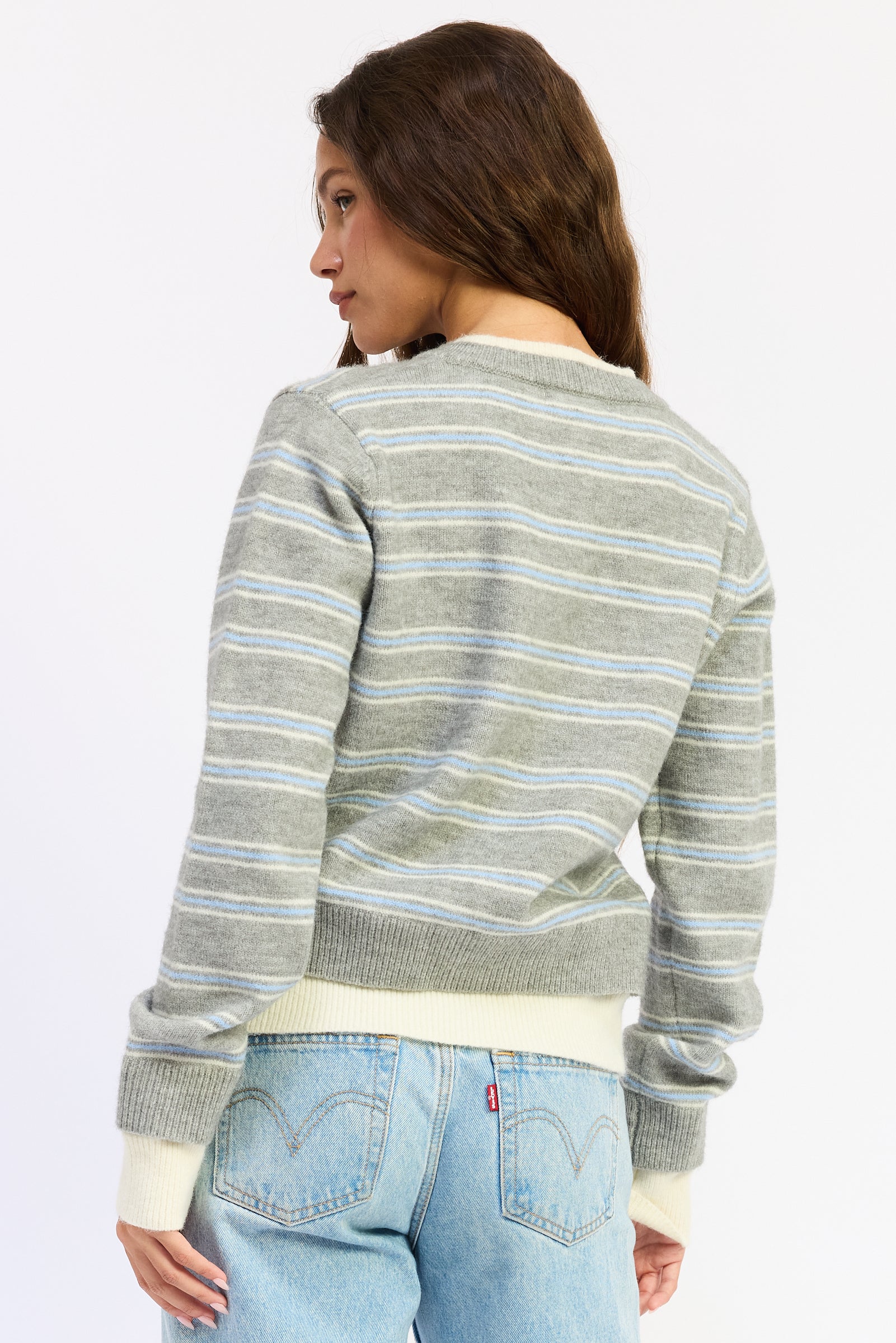 Emory Park Briseis Cardigan Top in Olive Stripe view 3 - Brimse Cardigan