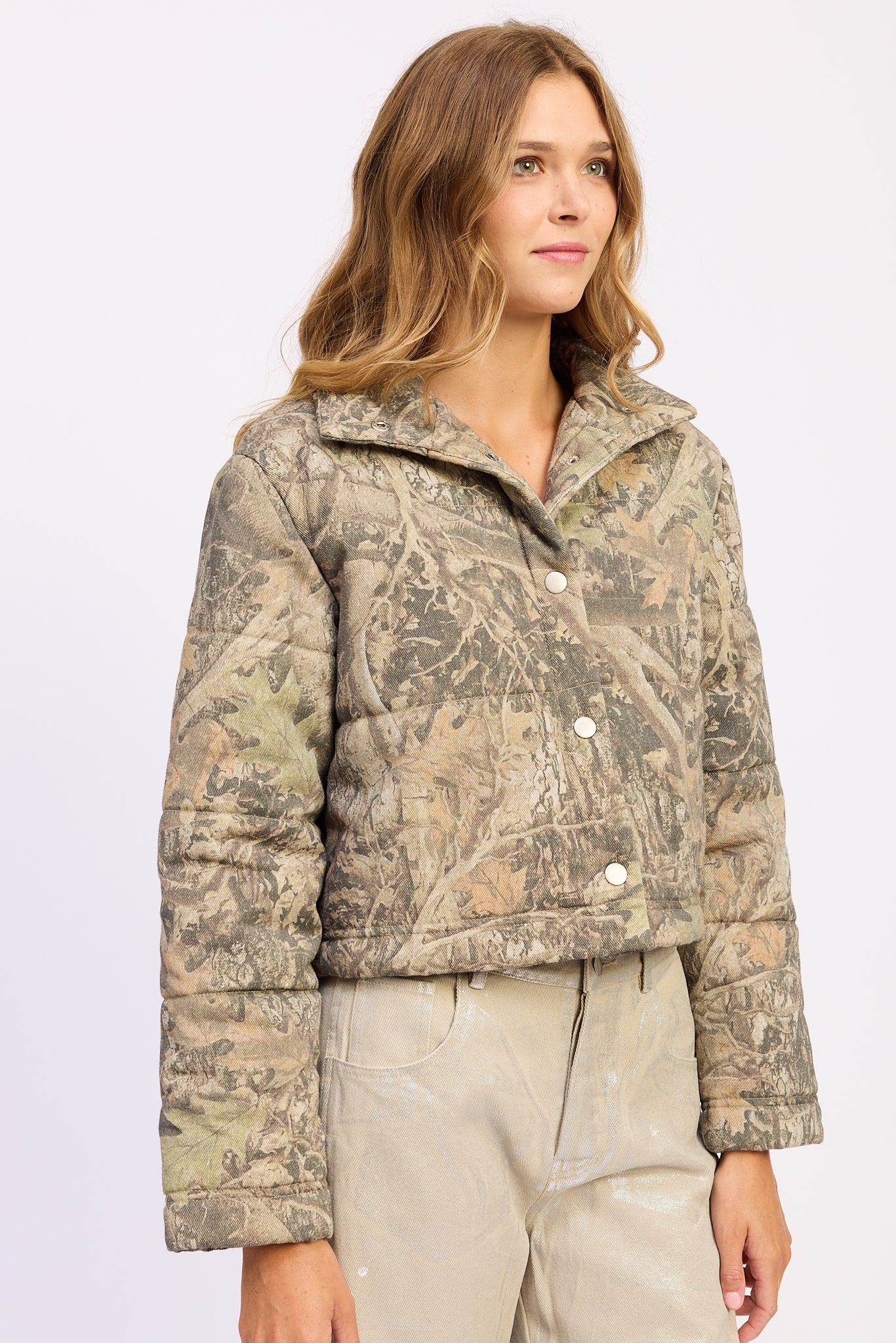Emory Park Dinara Puffer Jacket in Olive Tan view 2 - Dinara Puffer Coat (layer)