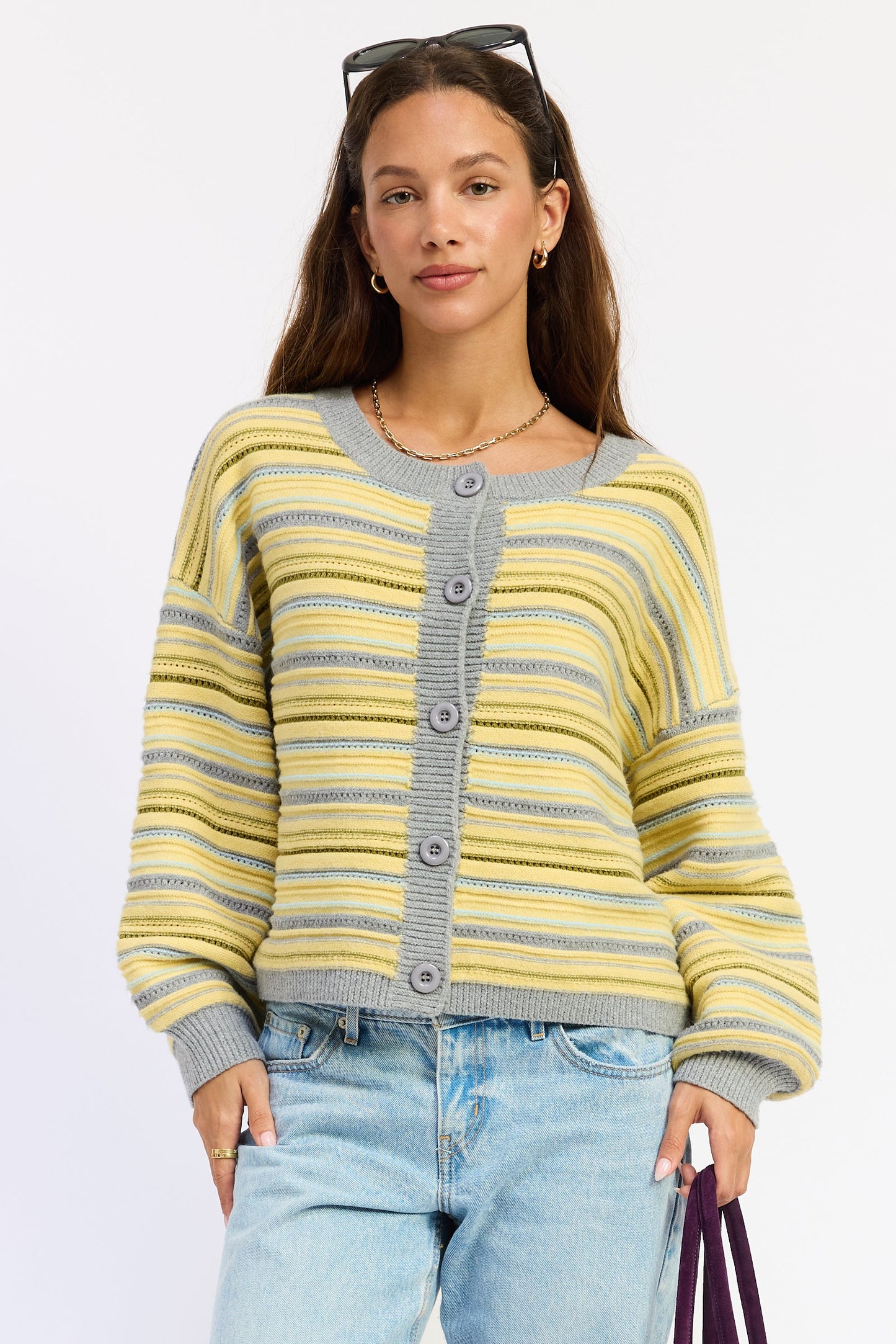 Emory Park Ellie Cardigan Top in Lemon Grey Multi - Ellie Cardigan Carly Jean