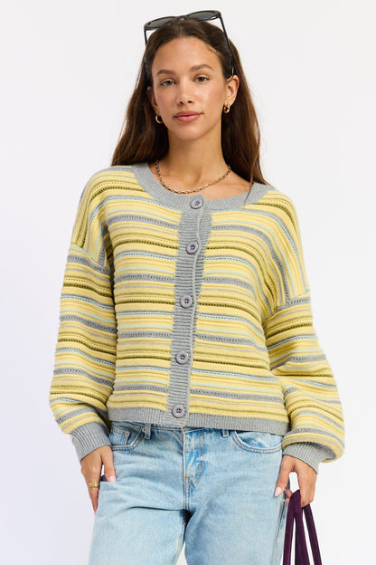 Emory Park Ellie Cardigan Top in Lemon Grey Multi - Ellie Cardigan Carly Jean