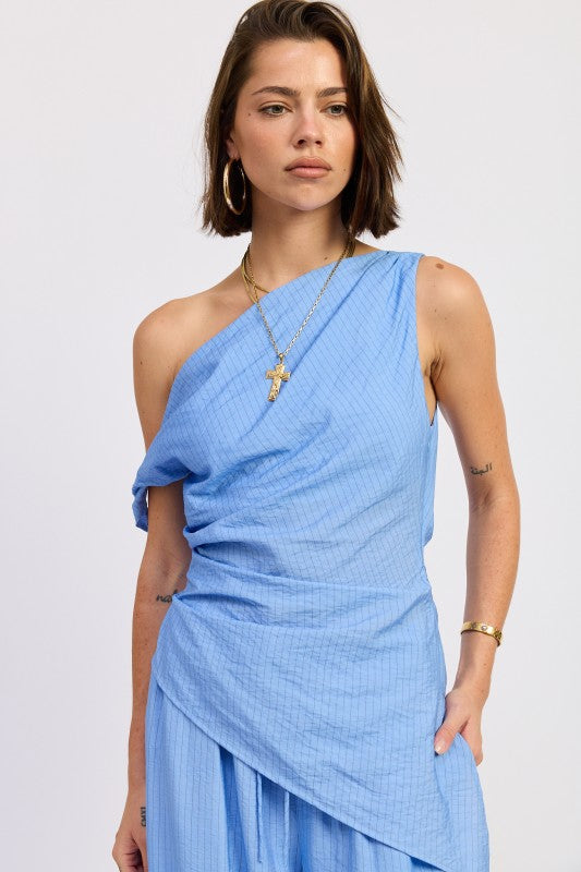 Emory Park Elsie Asymmetrical Top in Blue Black Stripe