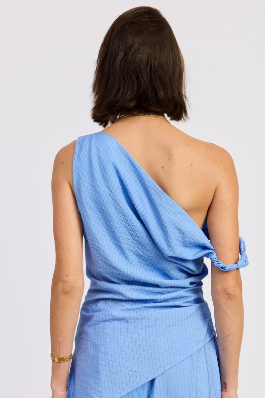 Emory Park Elsie Asymmetrical Top in Blue Black Stripe view 3