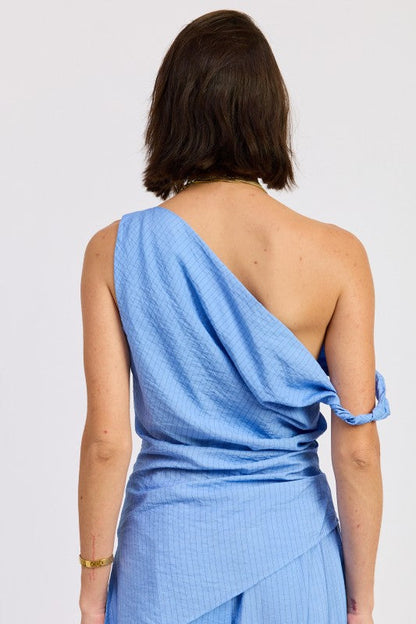 Emory Park Elsie Asymmetrical Top in Blue Black Stripe view 3