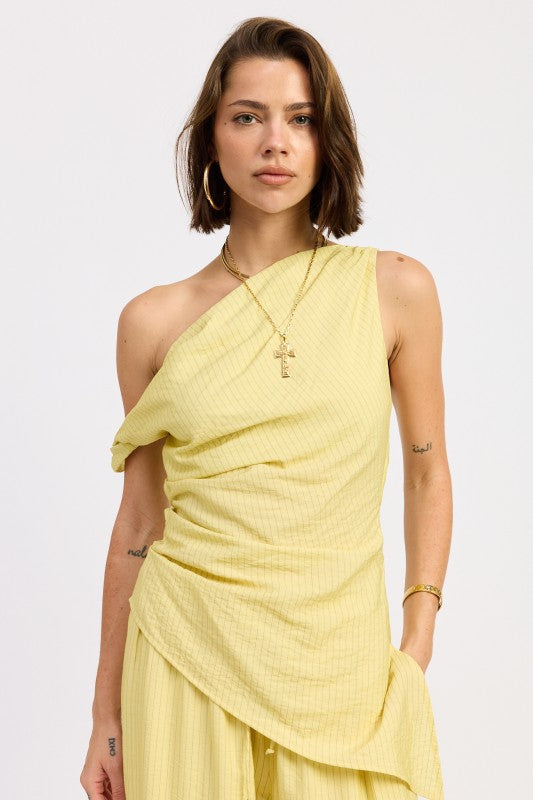 Emory Park Elsie Asymmetrical Top in Yellow Black Stripe view 5