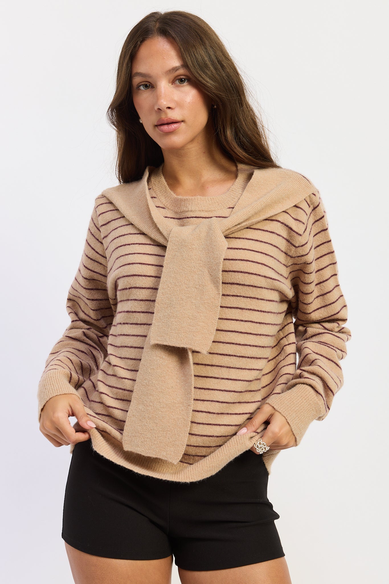 Emory Park Hailey Sweater in Beige Merlot Stripe - Hailey Sweater Irene Lin (top)