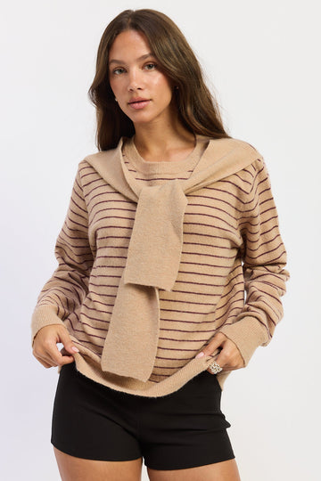 Emory Park Hailey Sweater in Beige Merlot Stripe - Hailey Sweater Irene Lin (top)