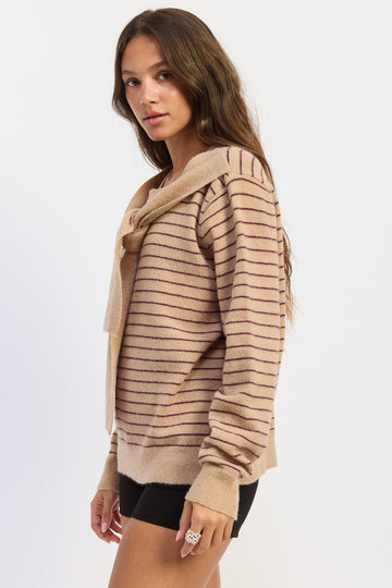 Emory Park Hailey Sweater in Beige Merlot Stripe view 2 - Hailey Sweater Irene Lin (top)