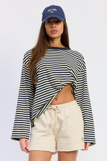Emory Park Harley Oversized Top in Navy Striped view 2 - Relaxed Fit - Harley Oversized Shirt
