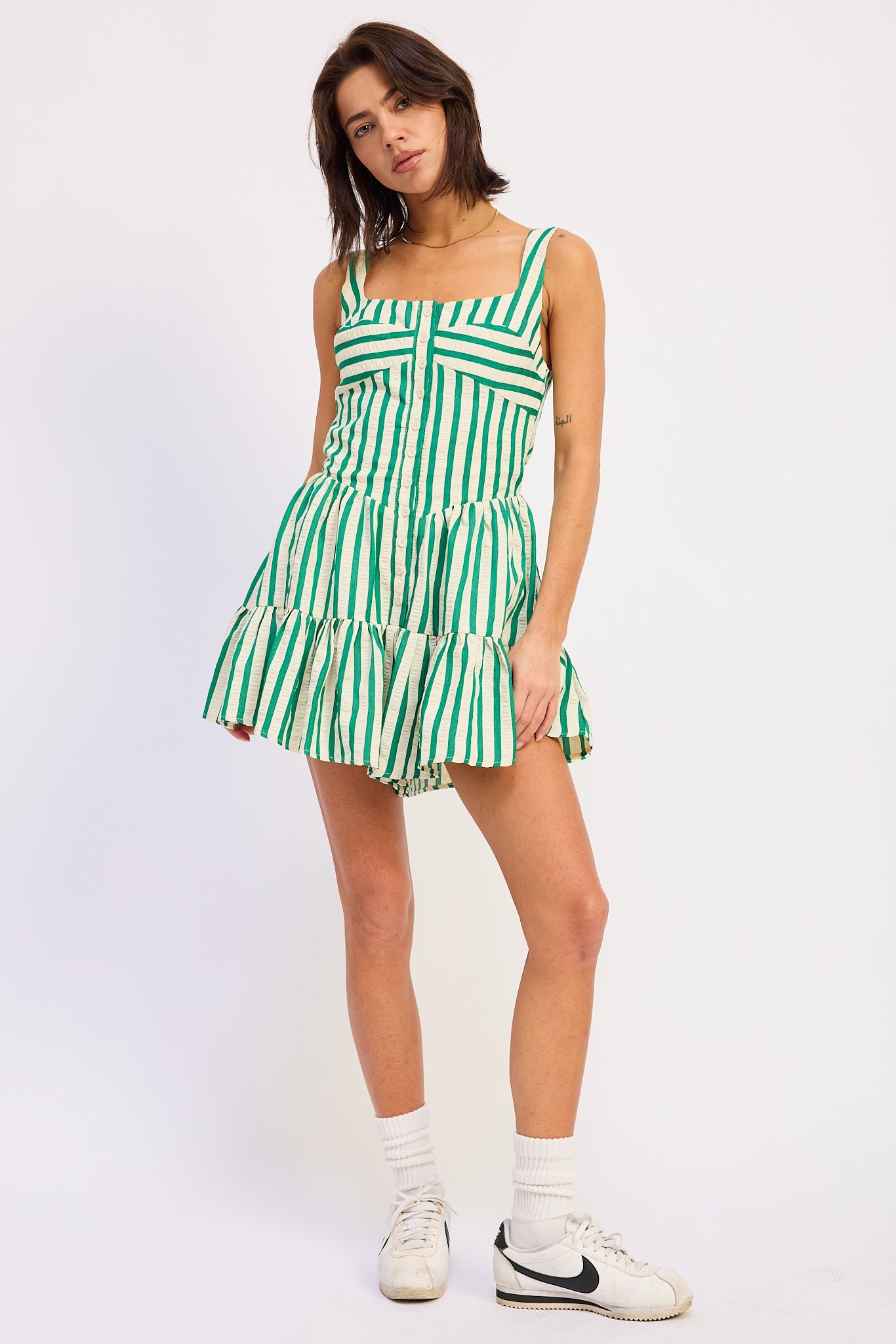 Emory Park Indra Mini Romper in Green Stripe view 5 - Indra Mini Dress (one-piece)