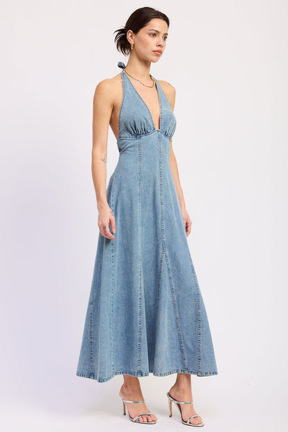 Emory Park Laurel Halter Denim Midi Dress in Light Denim view 2 - Lauren Halter Dress