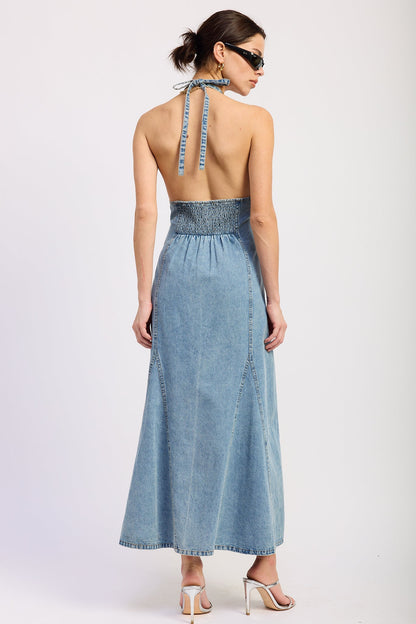 Emory Park Laurel Halter Denim Midi Dress in Light Denim view 3 - Lauren Halter Dress