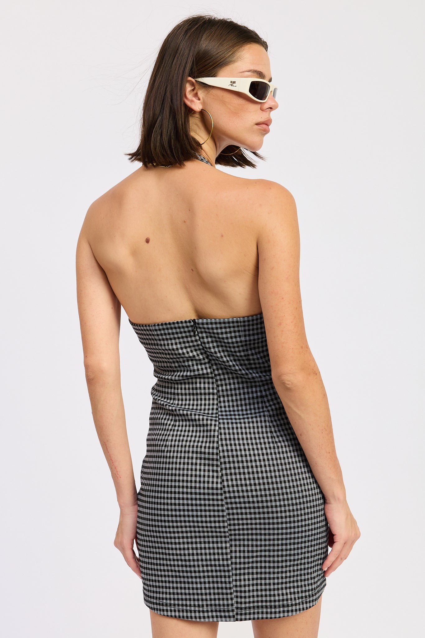 Emory Park Lucienne Halter Mini Dress in Black Gingham view 3 - Lucine Ruched Silk Halter Dress