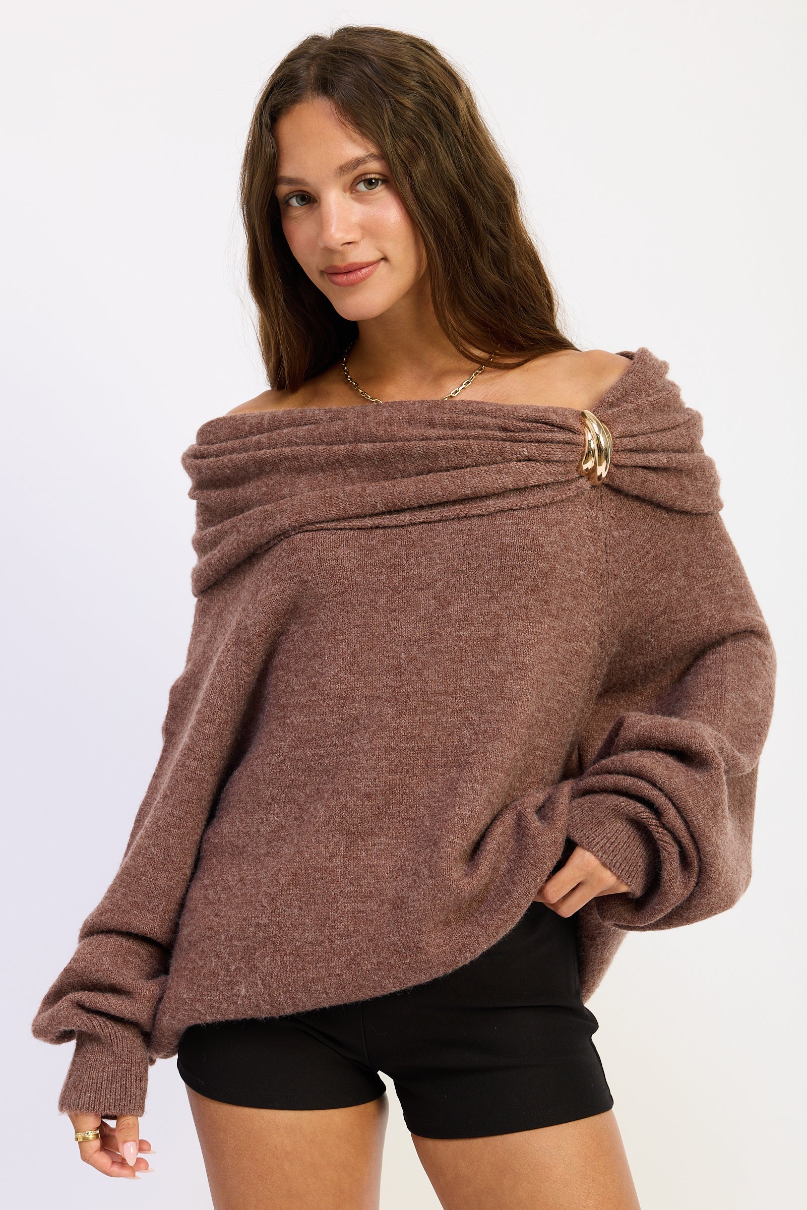 Emory Park Nadia Sweater in Chocolate - Reformation Nadia Sweater (top)