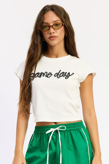 Emory Park Paige Baby Tee in White Black - Paige Bueckers Baby Tee (top)