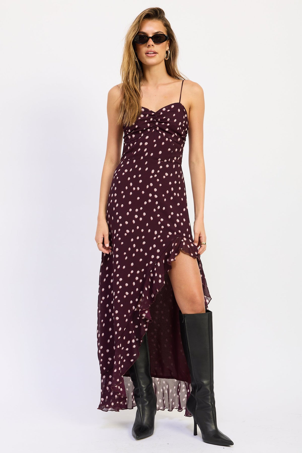 Emory Park Rayna Maxi Dress in Wine Polka Dot - Rayna Maxi Dress Leo Lin