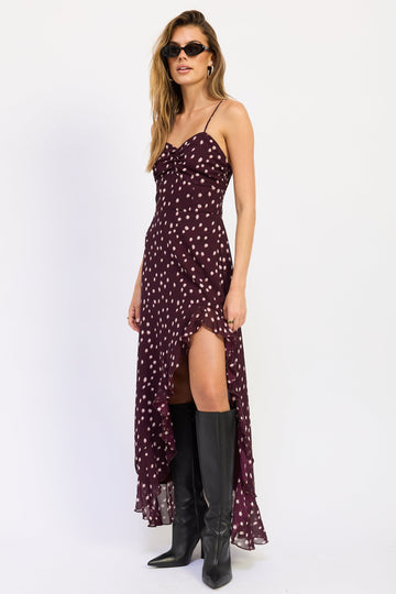 Emory Park Rayna Maxi Dress in Wine Polka Dot view 2 - Rayna Maxi Dress Leo Lin