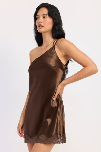 Emory Park Reverie Satin Mini Dress in Dark Chocolate view 2 - Moonlit Reverie Satin Dress