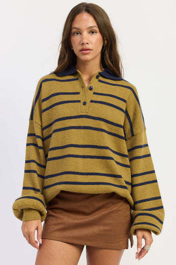 Emory Park Sydney Sweater in Khaki Navy Stripe - Staud Sidney Sweater (top)