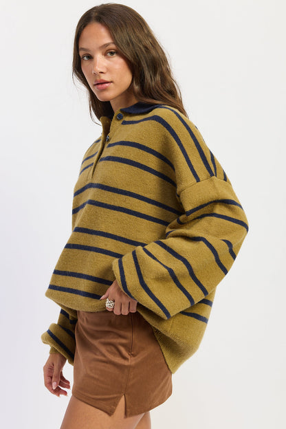 Emory Park Sydney Sweater in Khaki Navy Stripe view 2 - Staud Sidney Sweater (top)