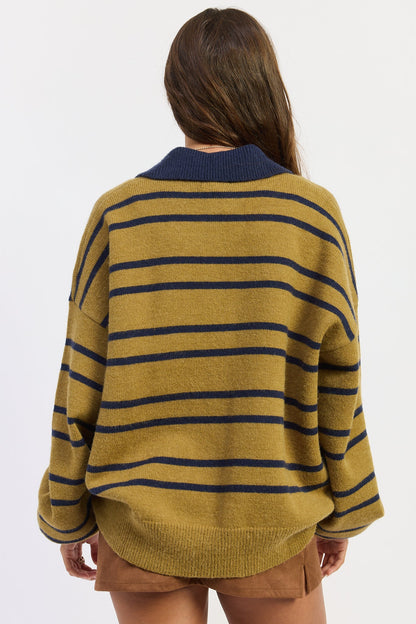 Emory Park Sydney Sweater in Khaki Navy Stripe view 3 - Staud Sidney Sweater (top)