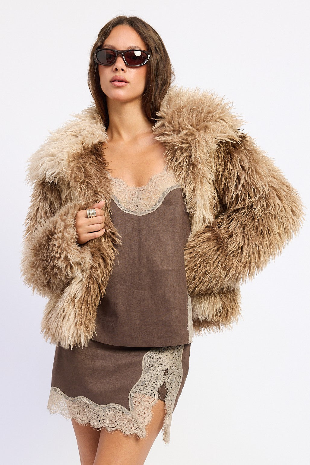 Emory Park Zafrina Faux Fur Coat in Brown Tie Dye - Zahra Faux Leather Coat (layer)