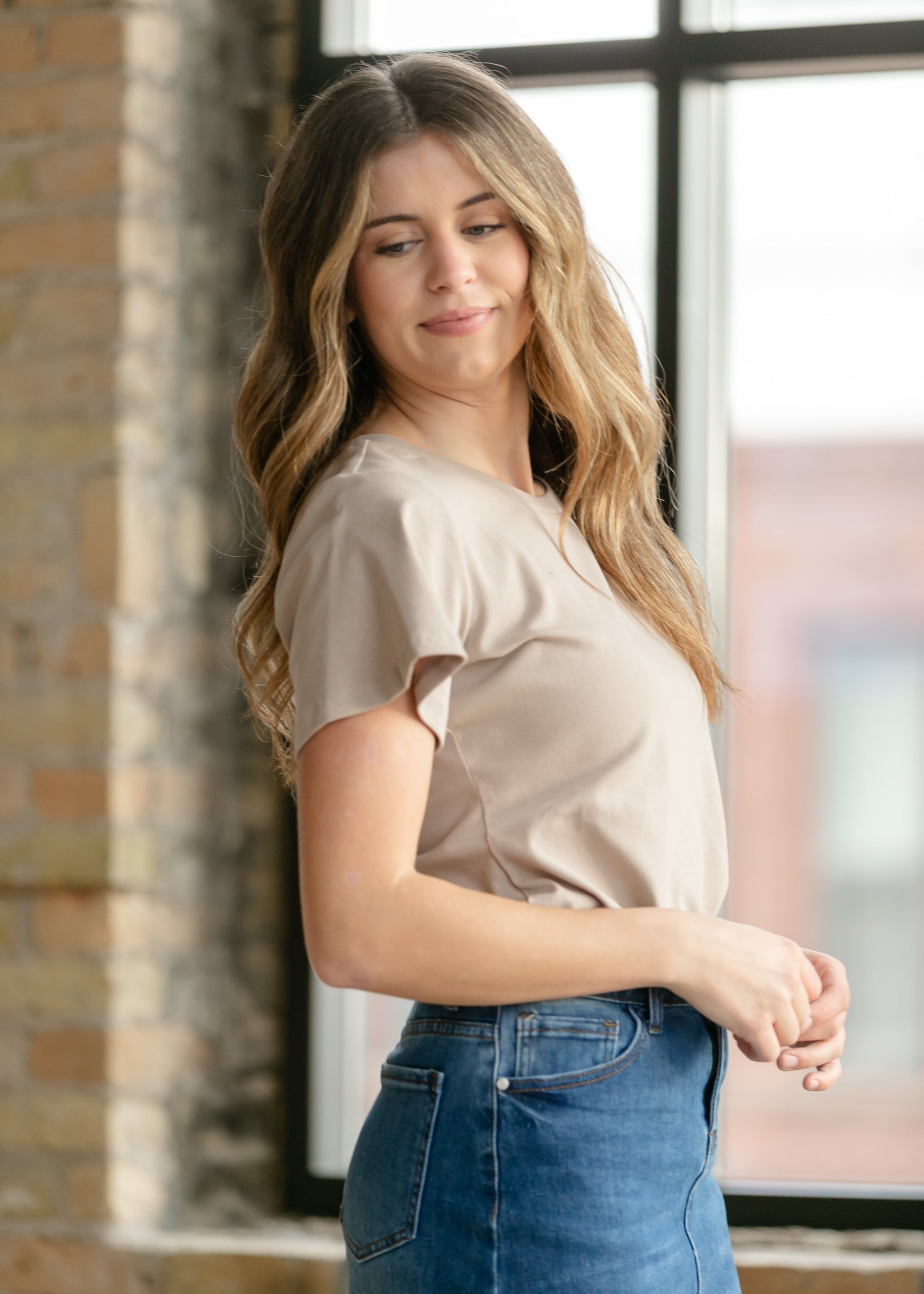 Essential Sand Flutter Sleeve Top in 1XL view 6 - Sand Basic Top