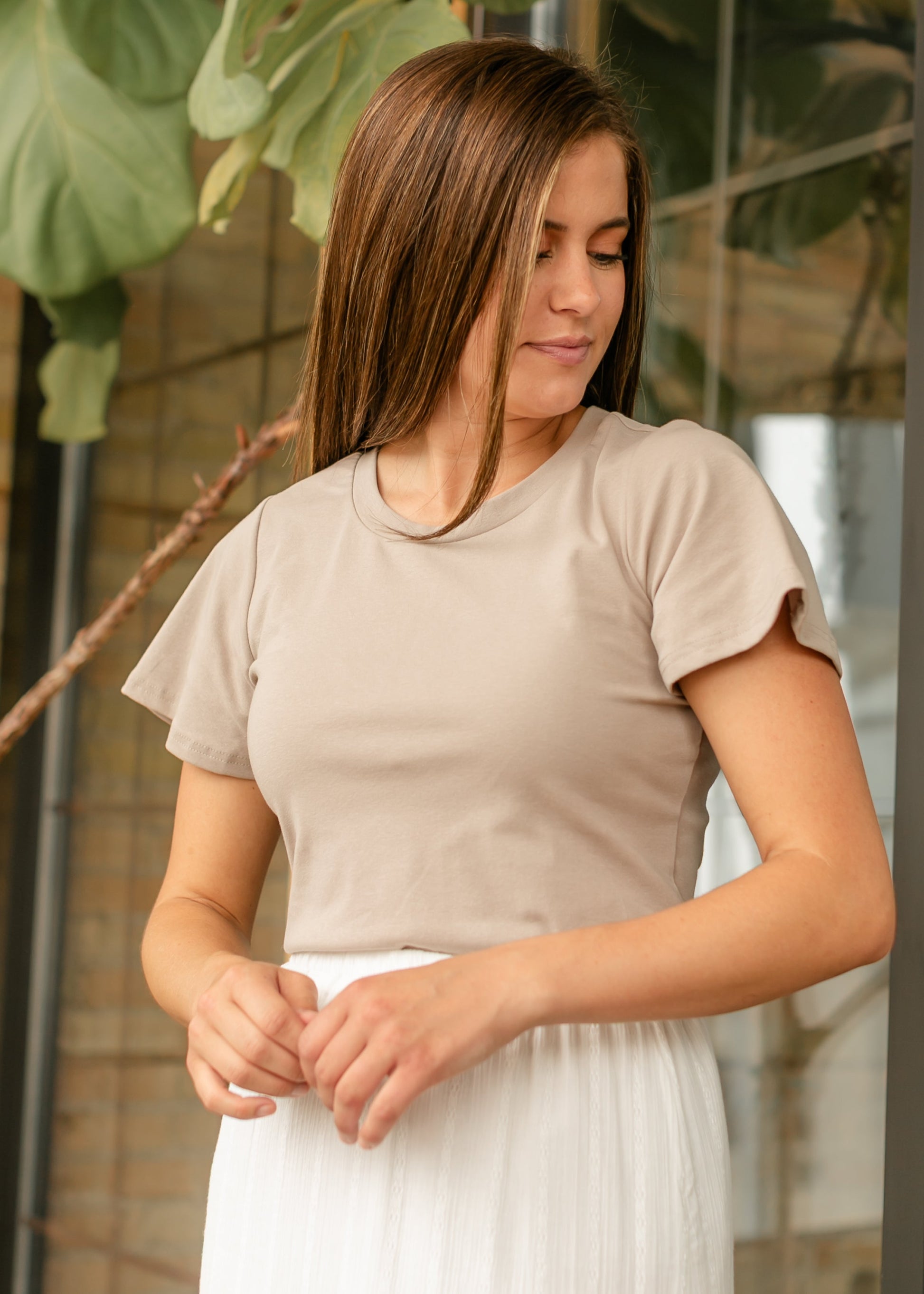 Essential Sand Flutter Sleeve Top view 14 - Sand Basic Top
