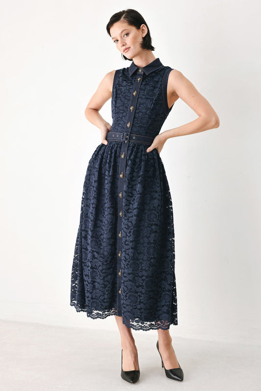Evening Lace Chapter Woven Midi Dress in NAVY/DARK DENIM - Evening Lace Dresses Long
