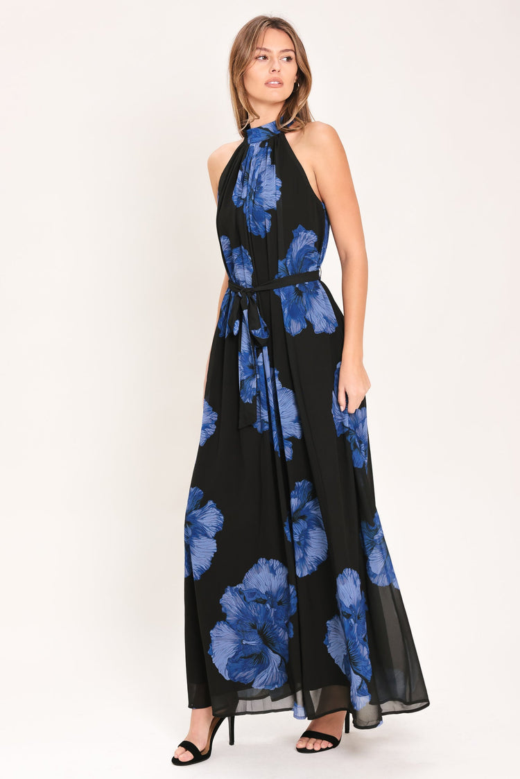 Evening Orchard Woven Halter Maxi Dress BLACK / BLUE view 4 (dress) - evening dress orchard, orchid eve - shop at us.meeeshop