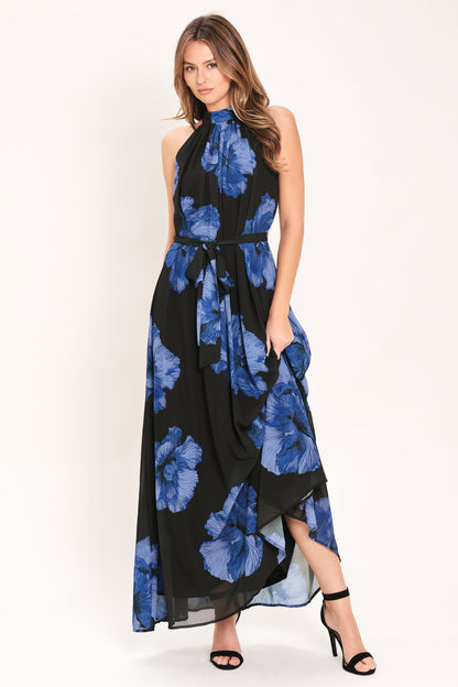 Evening Orchard Woven Halter Maxi Dress in BLACK / BLUE view 2 - Evening Dress Orchard