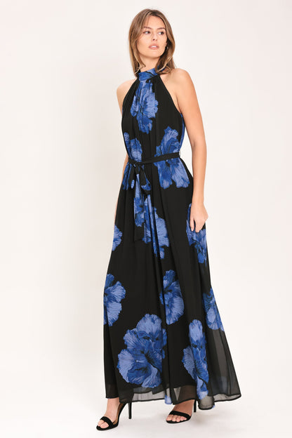 Evening Orchard Woven Halter Maxi Dress in BLACK / BLUE view 4 - Evening Dress Orchard
